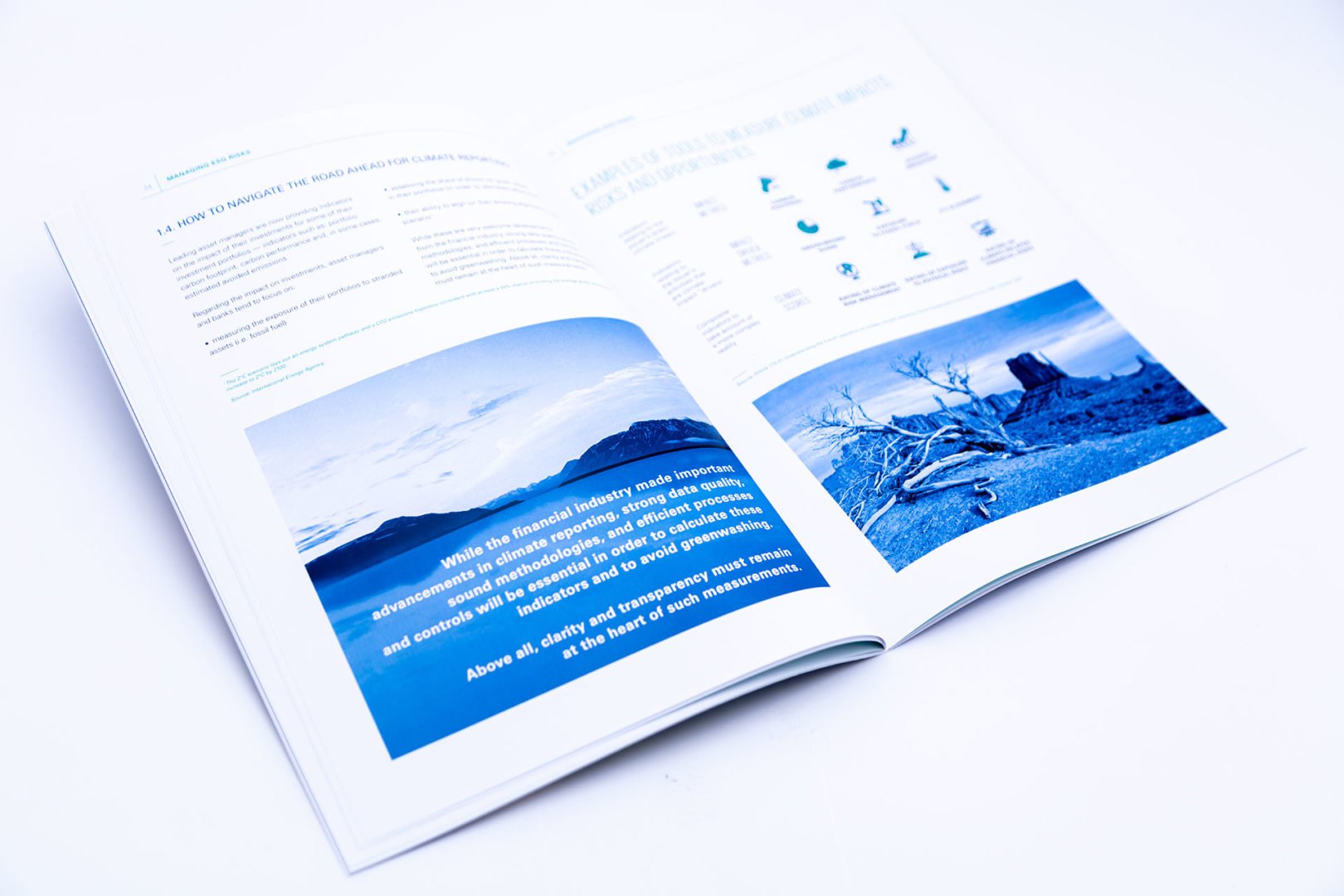 Magazine ouvert présentant une page avec une photo de paysage, une zone de texte bleue et une autre page avec des graphiques, des icônes et une image teintée de bleu d'une scène de nature avec du bois flotté et une structure éloignée.