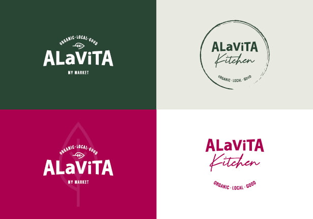 Quatre conceptions de logo pour ALaViTA. En haut à gauche : texte blanc sur fond vert foncé. En haut à droite : texte vert sur fond clair avec un tampon circulaire. En bas à gauche : texte blanc sur fond magenta. En bas à droite : texte magenta sur fond blanc. Tous les textes mettent l'accent sur le bio - le local - le bon.