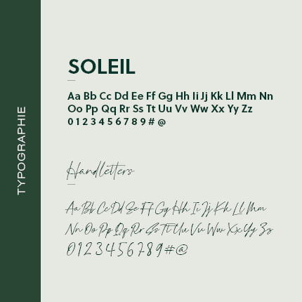 Un échantillon de deux styles de polices : une police de caractères sans empattement appelée Soleil avec des majuscules, des minuscules, des chiffres et des symboles, et une police de caractères appelée Handletters affichée en cursive sur un fond vert clair.
