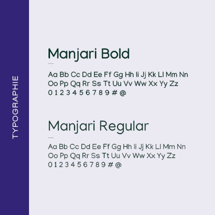 Un graphique affiche deux styles de police : Manjari Bold et Manjari Regular, chacun affichant l'alphabet en majuscules et en minuscules, les chiffres de 0 à 9 et les symboles # et @. TYPOGRAPHIE est écrit verticalement sur une barre latérale violette.