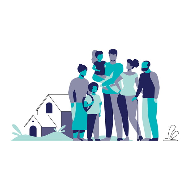 Illustration d'une famille multigénérationnelle composée d'adultes, d'enfants et d'une personne âgée se tenant ensemble en plein air près de deux maisons, tous portant des vêtements décontractés.