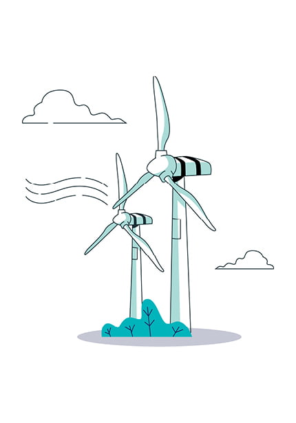 Illustration de deux éoliennes avec des pales en rotation, situées sur un petit terrain avec des buissons. On voit le vent souffler et il y a quelques nuages dans le ciel.