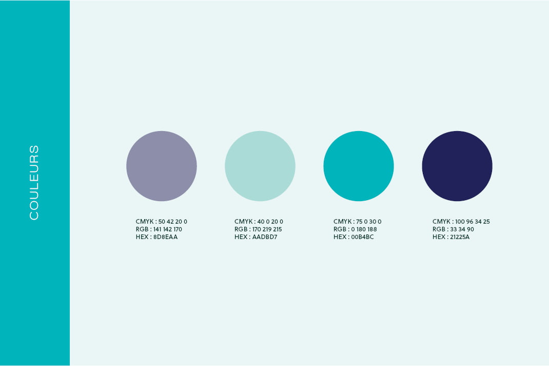 Quatre échantillons de couleurs avec leurs codes CMYK, RGB et HEX affichés au-dessus du texte 