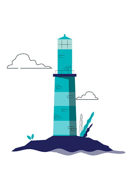 Illustration minimaliste d'un phare bleu posé sur un sol rocheux, avec quelques plantes et nuages en arrière-plan, sur fond blanc.