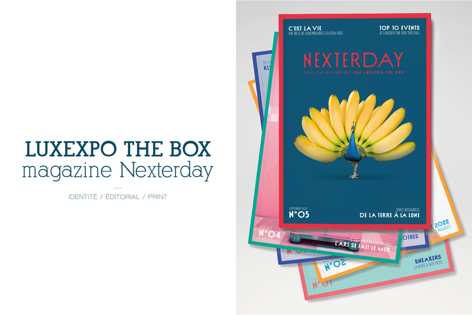 Une pile de magazines de style de vie colorés intitulés NEXTERDAY est présentée à droite, la couverture supérieure représentant un bouquet de bananes en forme de fleurs sur un fond bleu. Sur la gauche, on peut lire : 