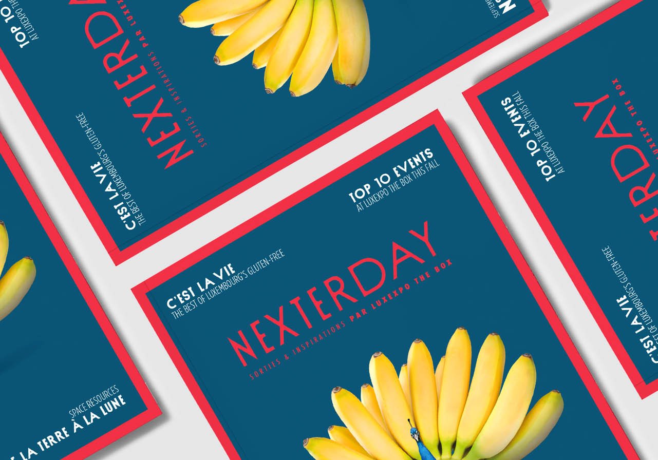 Plusieurs couvertures de magazines sur fond bleu, avec des bananes jaunes et le titre NEXTERDAY en rouge gras. Ce magazine luxembourgeois sur l'art de vivre comprend des titres et des rubriques en français et en anglais.