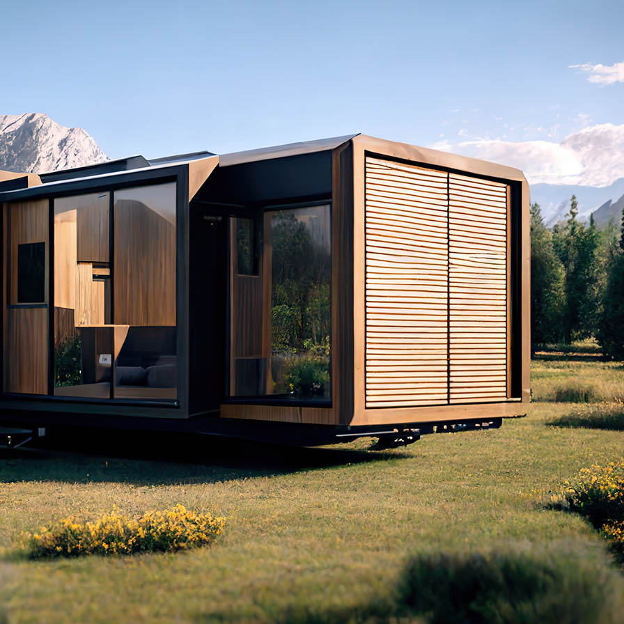 Une petite maison moderne et minimaliste avec de grandes fenêtres et des panneaux de bois se trouve sur un terrain herbeux, offrant des vibrations de style de vie de magazine au milieu des arbres et des montagnes sous le ciel bleu clair du Luxembourg.
