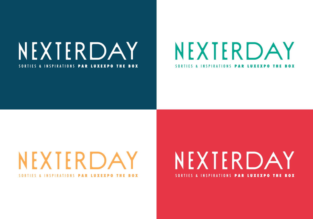 Quatre variations du logo NEXTERDAY, chacune avec des couleurs et des fonds différents - bleu foncé, blanc et rouge - capturent parfaitement l'esprit d'un style de vie de magazine au Luxembourg, avec le sous-titre SORTIES & INSPIRATIONS PAR LUXEXPO THE BOX.