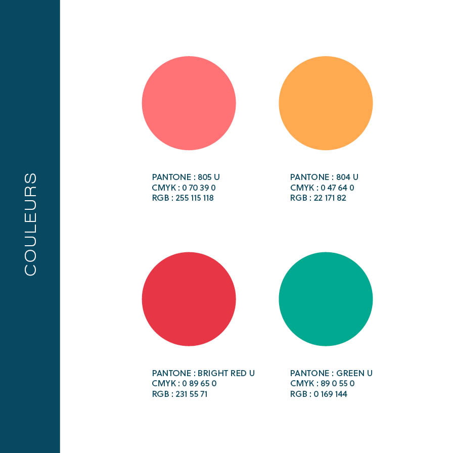 Quatre cercles présentent des couleurs vibrantes avec des codes Pantone, CMYK et RGB - un rose (805 U), un orange (804 U), un rouge (Bright Red U) et une sarcelle (Green U) - sur un fond blanc avec une barre latérale bleue COULEURS, parfaite pour un article sur le Luxembourg dans un magazine sur l'art de vivre.