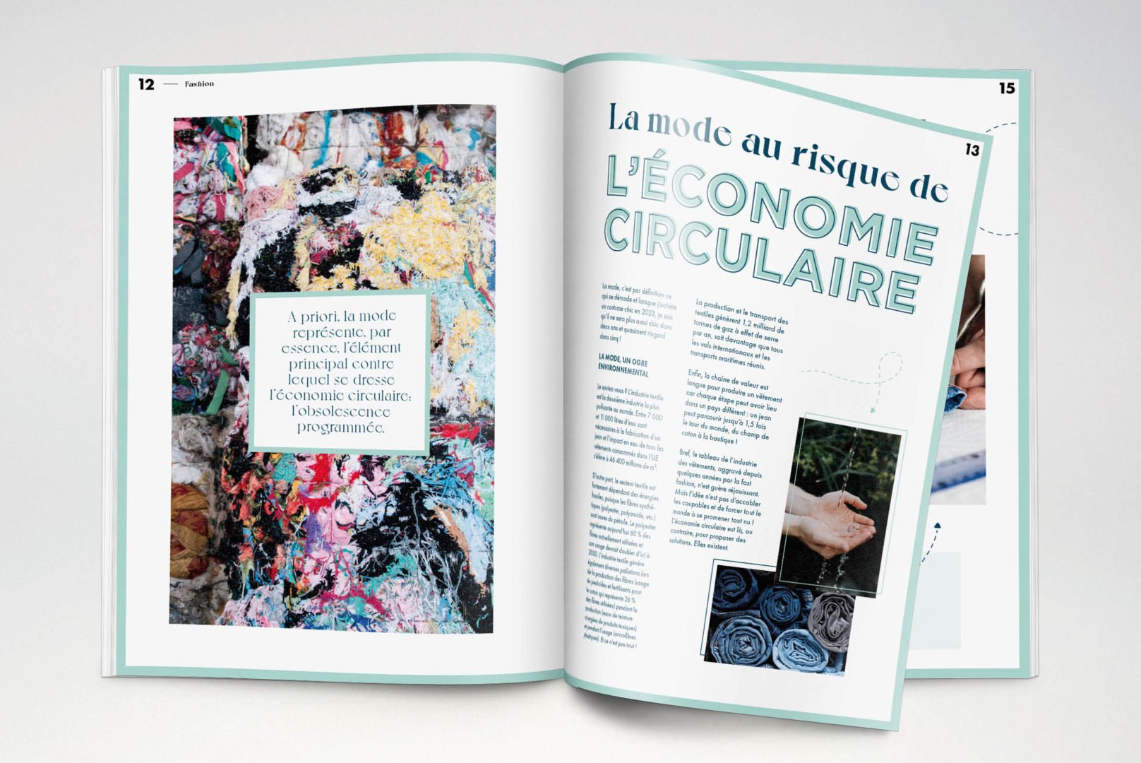 Un magazine luxembourgeois ouvert sur le style de vie traite de l'économie circulaire dans la mode, avec des images de déchets textiles colorés, de mains tenant du tissu et de vêtements pliés. Le titre indique Léconomie circulaire en caractères gras et bleus.