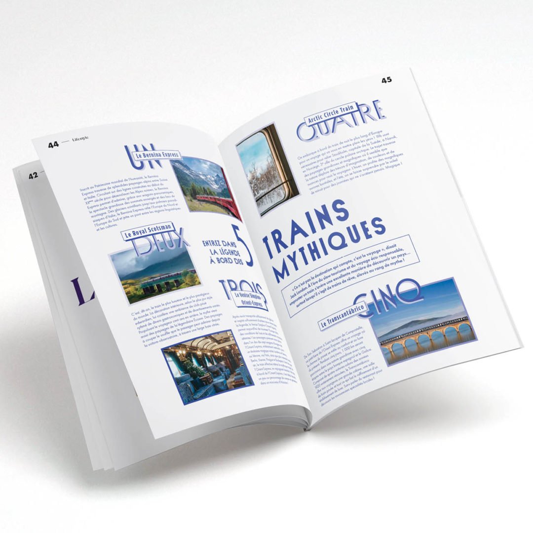 Un magazine ouvert sur le style de vie montre des pages avec du texte français, de grands titres bleus et des photos de trains dans le paysage luxembourgeois. La mise en page est propre et moderne, avec des fonds blancs et des accents bleus.