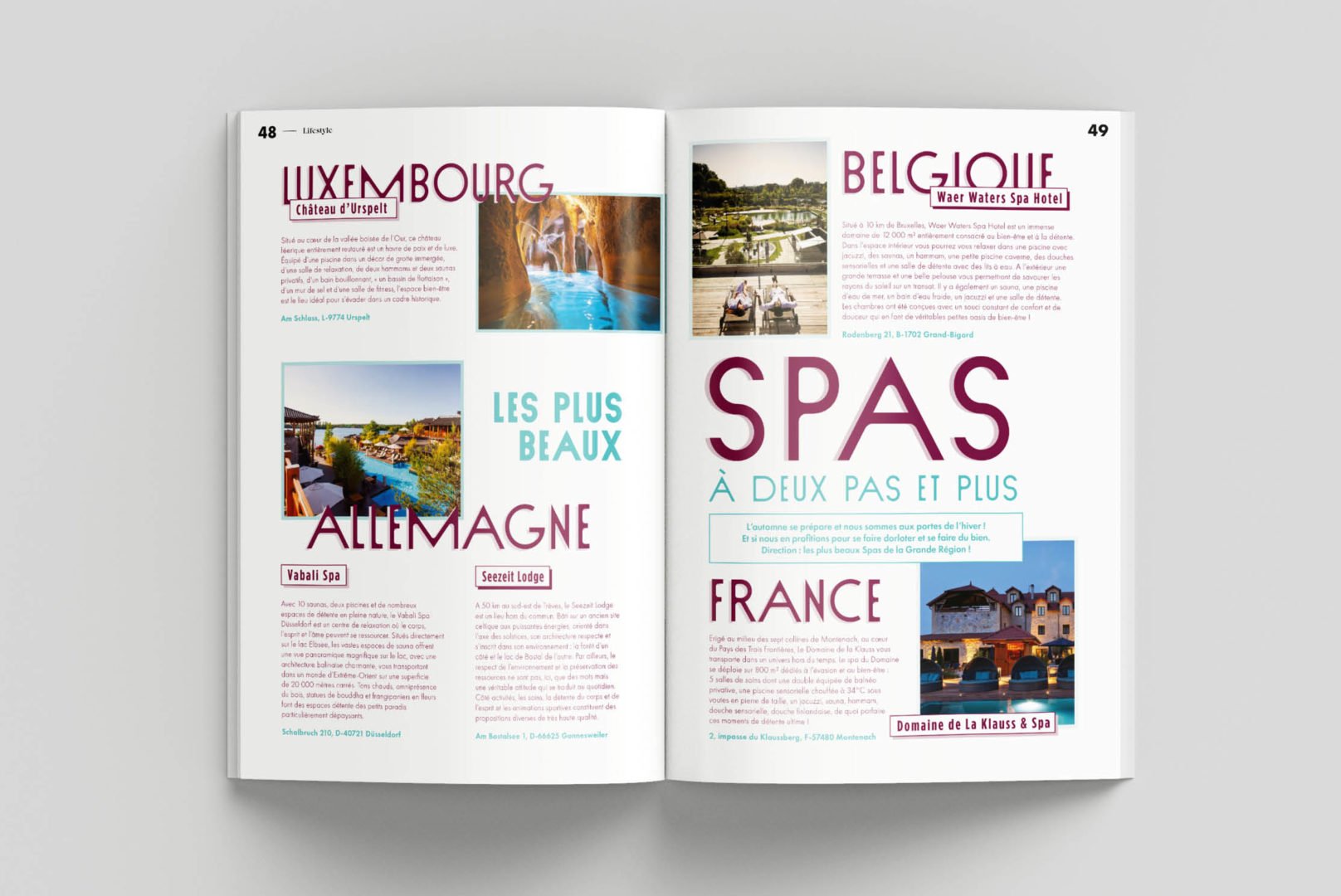 Un magazine de style de vie présentant des articles et des photos sur des spas luxueux au Luxembourg, en Allemagne, en Belgique et en France, avec des images des installations des spas et une typographie élégante mettant en valeur chaque pays et le nom du spa.