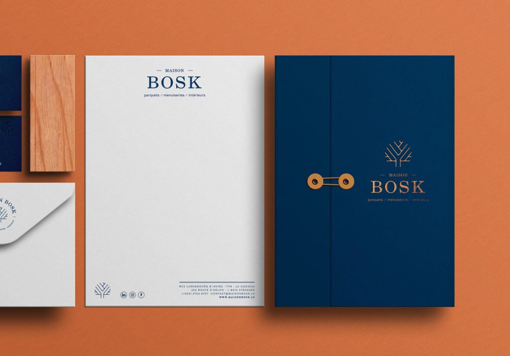 Stationery : papier à en-tête, farde à rabat et carte de visite Maison Bosk