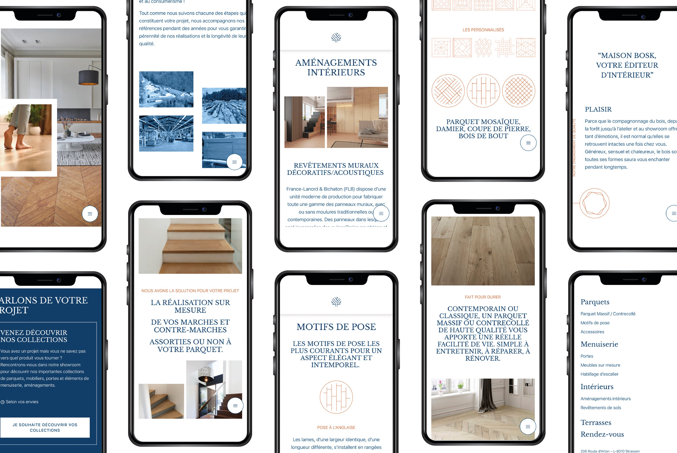 Neuf smartphones affichent un site web français de décoration d'intérieur avec des images de parquets, d'escaliers en bois, de panneaux muraux décoratifs, et du texte sur les aménagements intérieurs, les modèles et les projets personnalisés. Le style est épuré et moderne.