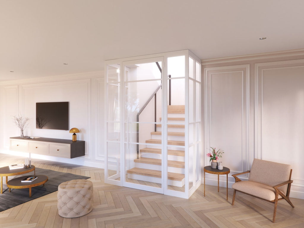 Salon moderne avec un sol en bois clair à chevrons, un escalier vitré, des murs beiges, une télévision murale, des meubles minimalistes, une table basse ronde et un petit vase de fleurs sur une table d'appoint.