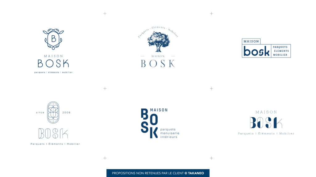 Une grille de six logos pour la Maison Bosk, chacun présentant des polices de caractères différentes et des icônes comme les arbres et le bois, avec les phrases parquets éléments mobilier ou similaires en français. Schéma de couleurs bleu et blanc.