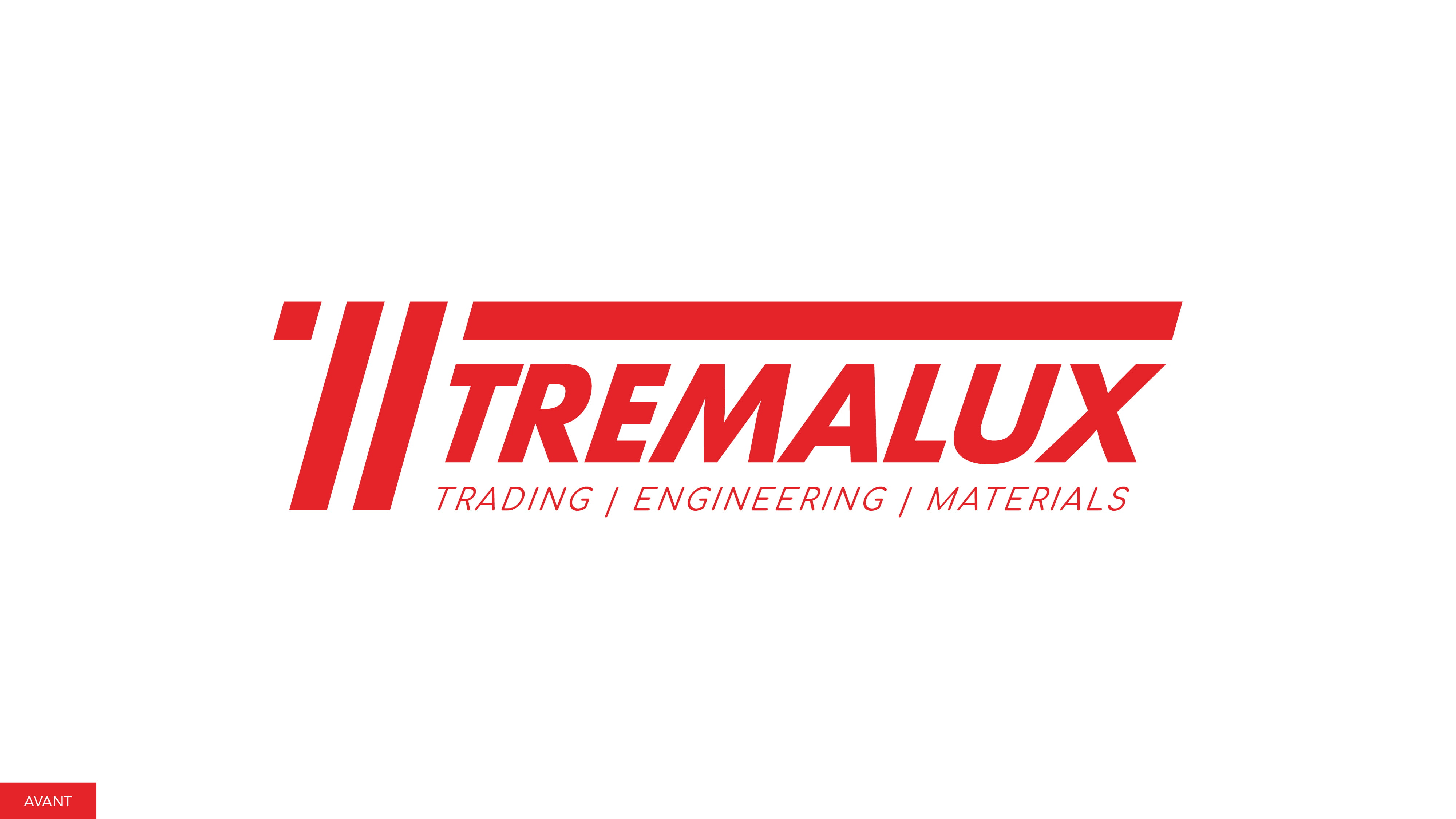 L'image présente le logo de Tremalux en rouge sur fond blanc, avec trois lignes en angle à côté de TREMALUX. En dessous, un texte plus petit indique TRADING | ENGINEERING | MATERIALS, ce qui est parfait pour la relance de leur site web.