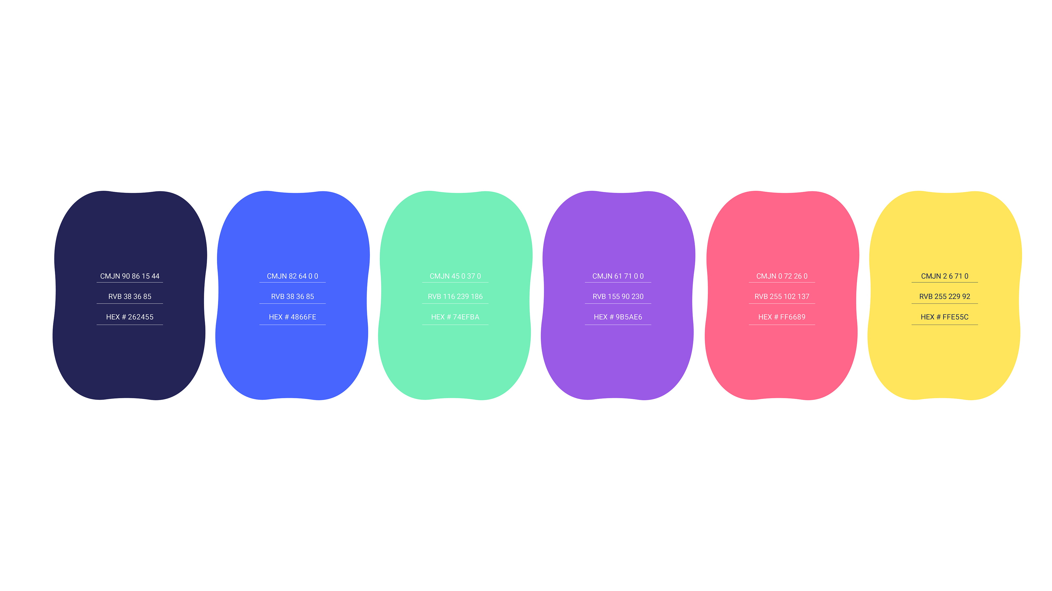Six carrés arrondis en bleu foncé, bleu, sarcelle, vert, violet et rose affichent des codes de couleur (CMJN, RGB, HEX) en texte blanc - parfaits pour le rebranding des cantines ou les projets Takaneo lumineux - alignés horizontalement sur un fond blanc.