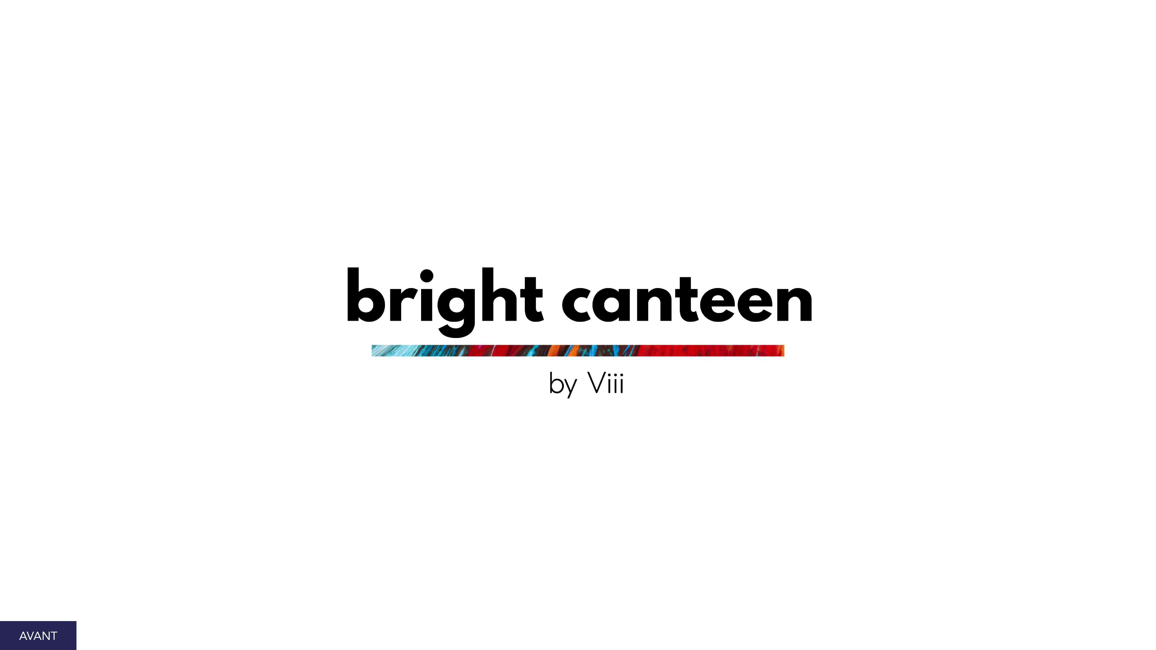 Fond blanc avec un texte noir en gras lisant "rebranding bright canteen". En dessous, un texte plus petit, par Viii, et une ligne horizontale colorée avec des motifs bleus et rouges inspirés de Takaneo sous le titre principal.