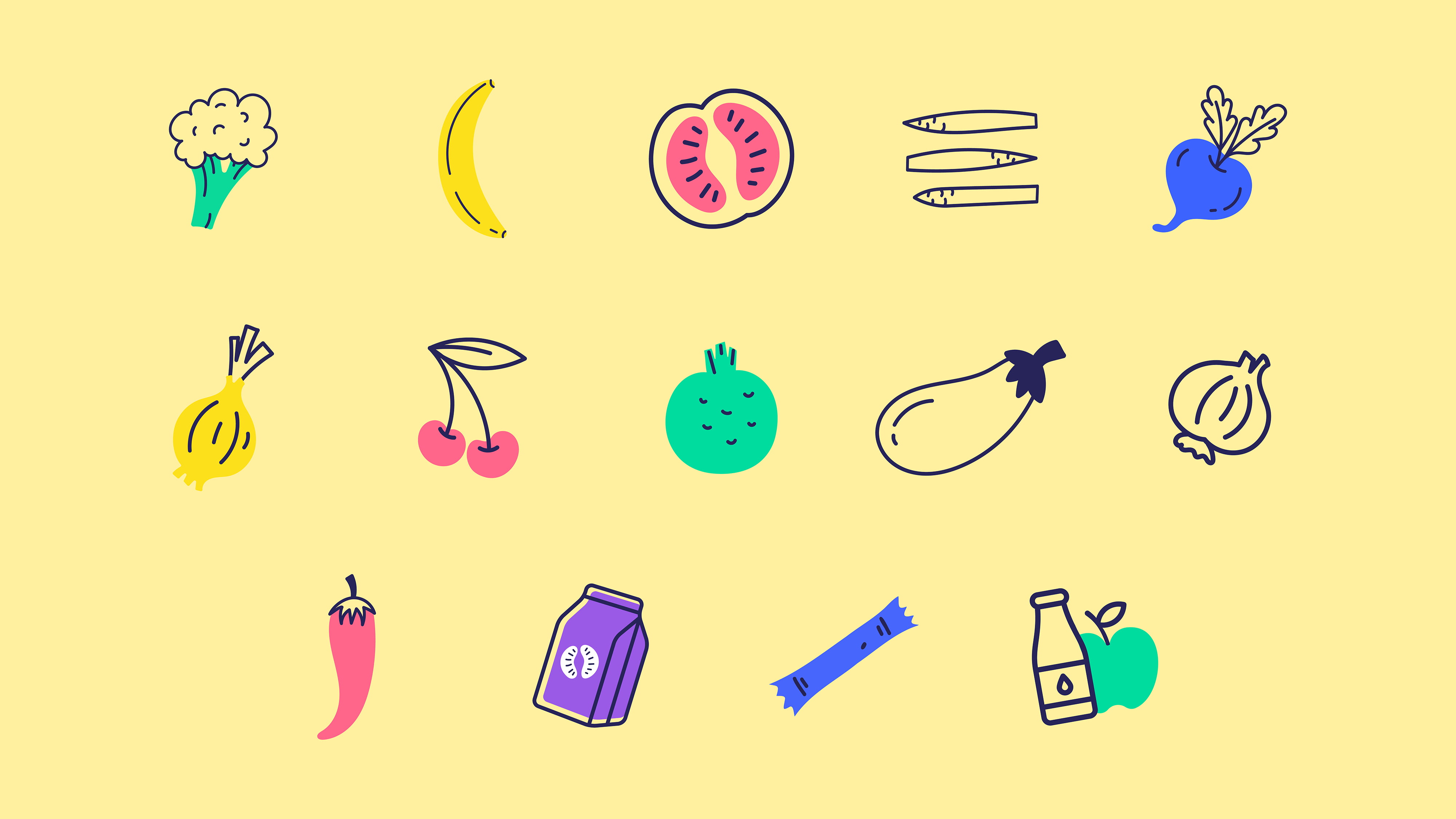Illustrations de divers aliments sur un fond jaune, parfaites pour le rebranding d'une cantine lumineuse : chou-fleur, banane, goyave, asperge, betterave, oignon, cerise, grenade, aubergine, piment, brique de lait, bonbon, bouteille de jus de fruit et pomme.