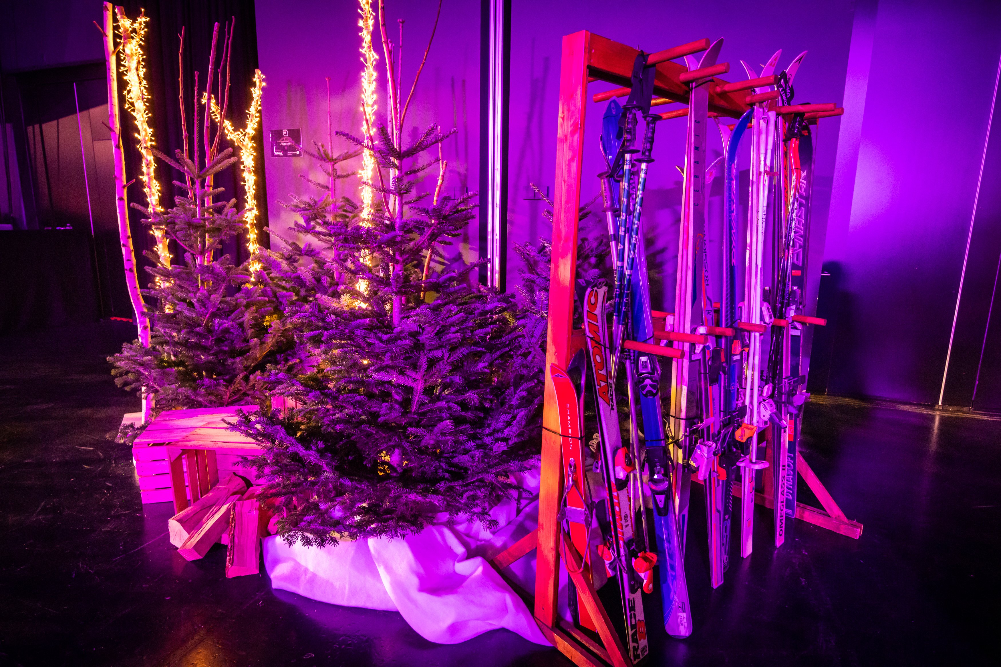 Un rack de skis colorés se trouve à côté de petits pins avec des guirlandes lumineuses, des caisses en bois et des rondins, le tout sur un fond sombre et éclairé en violet.