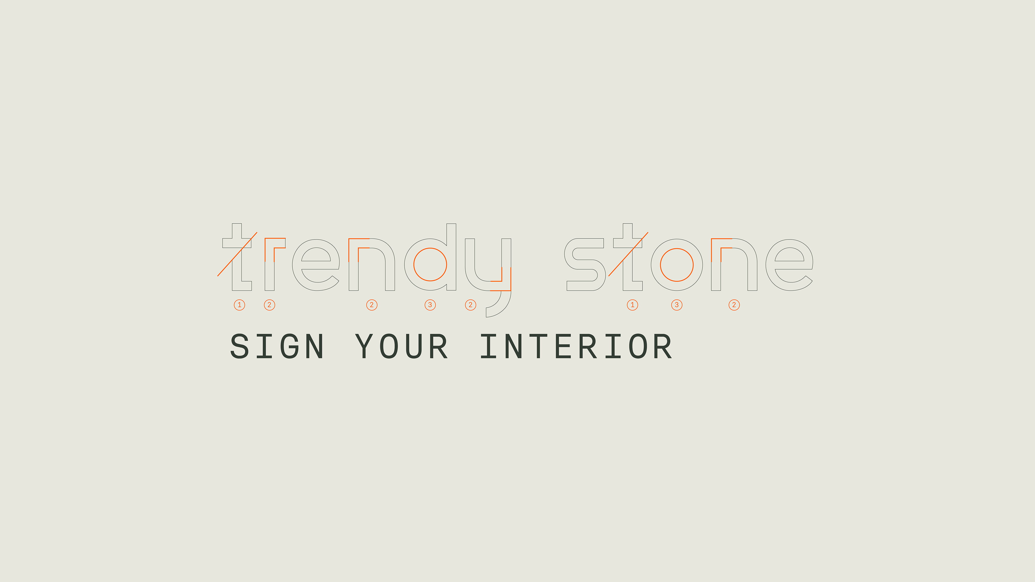 Le texte sur fond clair indique "trendy stone" en police géométrique fine, avec des accents orange, mettant en évidence un logo de rebranding pour Trendy Stone, et "SIGN YOUR INTERIOR" en lettres majuscules noires grasses en dessous.