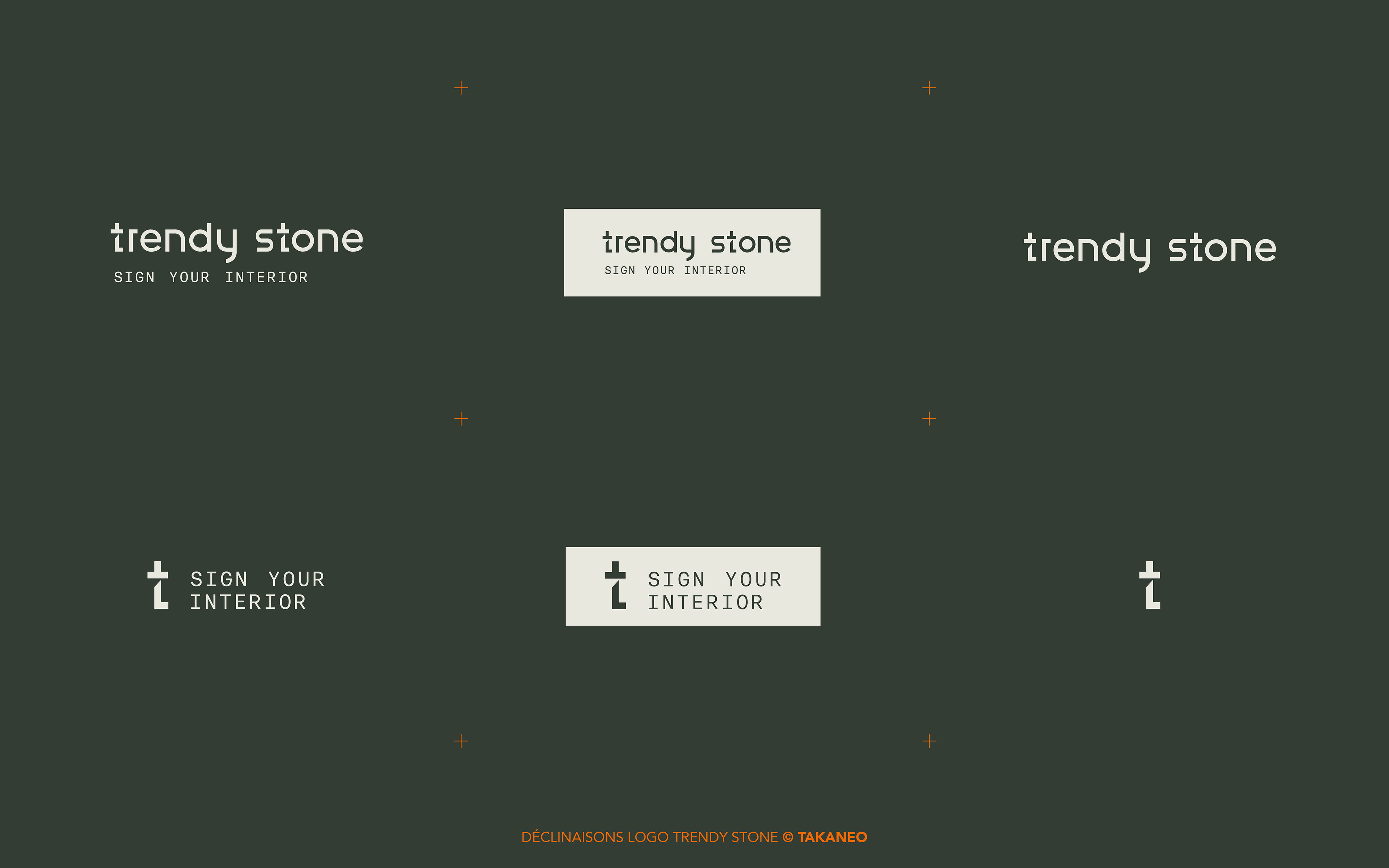 Un fond vert foncé affiche six variantes du logo Trendy Stone et du slogan SIGN YOUR INTERIOR dans différentes polices de caractères, mises en page et symboles, disposés dans une grille. Un texte orange apparaît en bas.