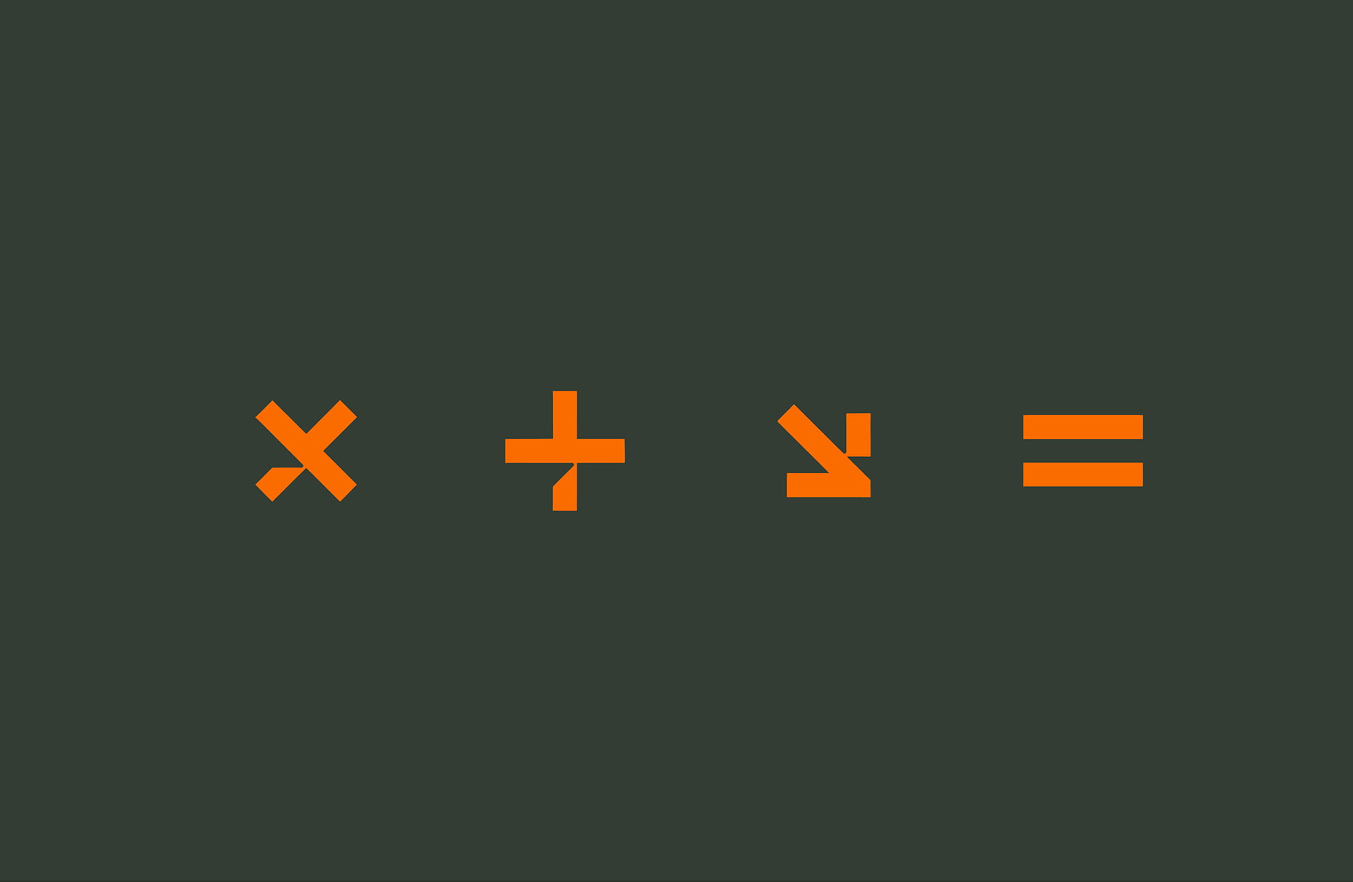 Quatre symboles mathématiques orange - un signe de multiplication, un signe plus, un signe de division et un signe égal - sont affichés en ligne sur un fond vert foncé, créant ainsi un logo de rebranding web tendance pour Stone.