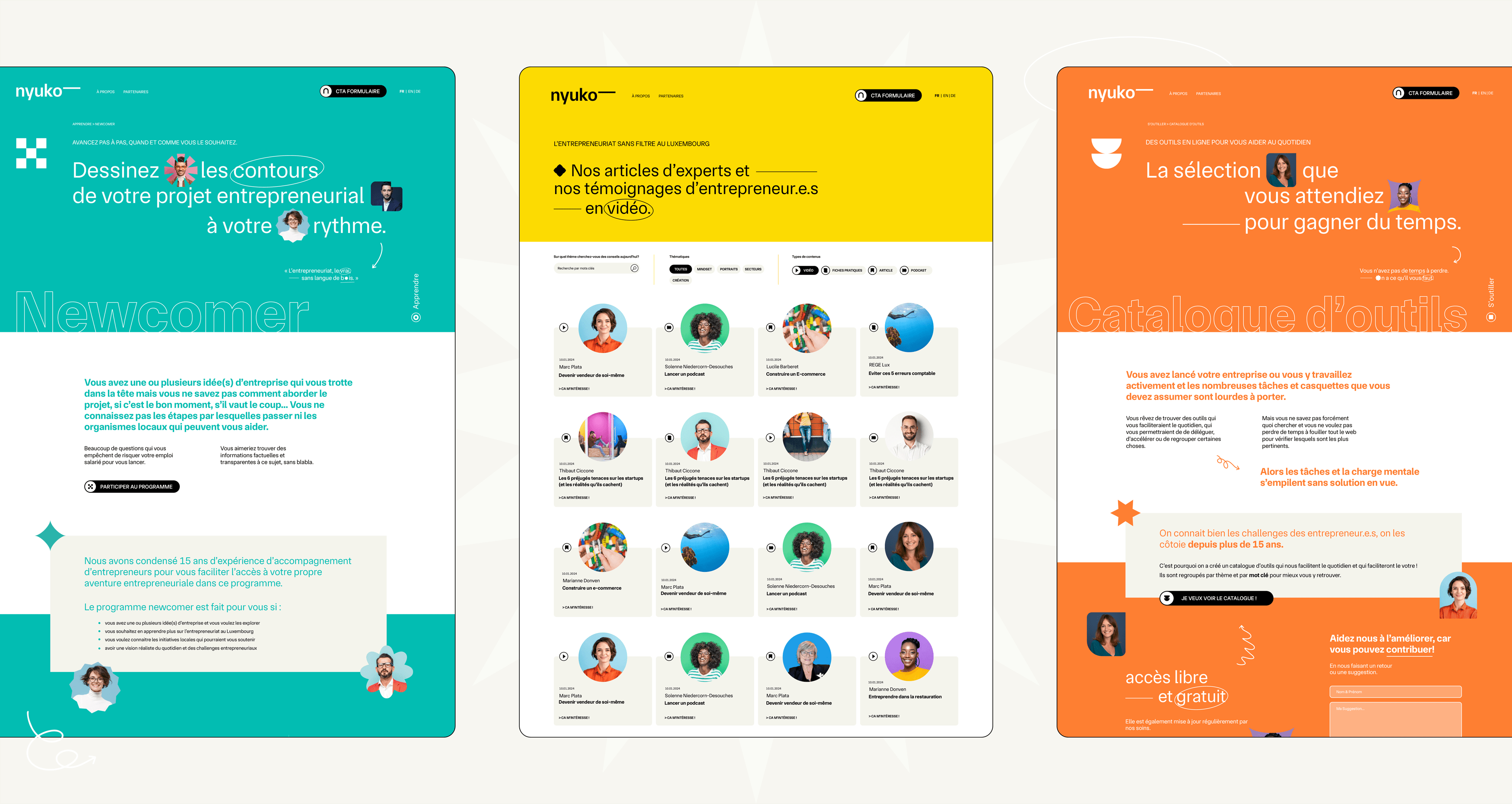 Trois pages web colorées en français sont affichées côte à côte, chacune présentant des icônes, des photos d'utilisateurs et des graphiques ludiques. Les pages utilisent des arrière-plans bleus, jaunes et orange avec des textes attrayants et divers éléments interactifs.