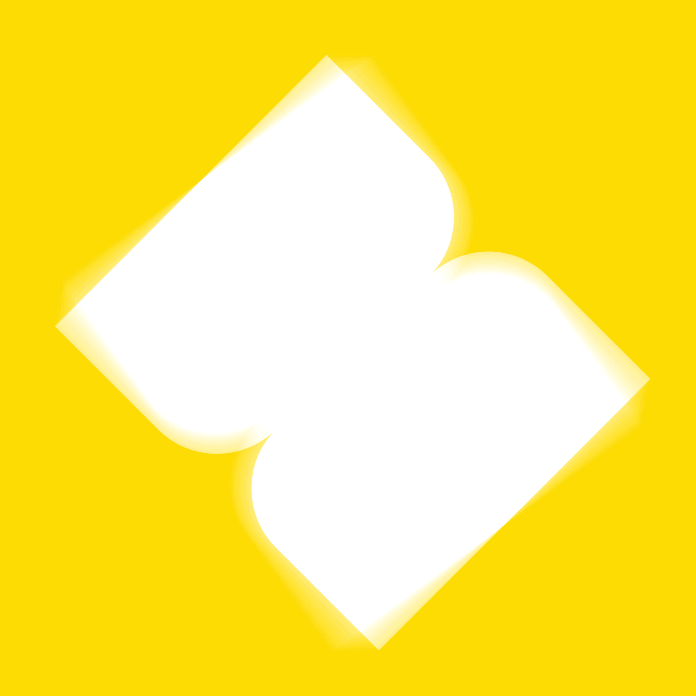 Sur un fond jaune vif, deux carrés blancs arrondis se chevauchent et sont inclinés de manière à créer un effet de miroir. Les formes blanches ont un bord doux et brillant.