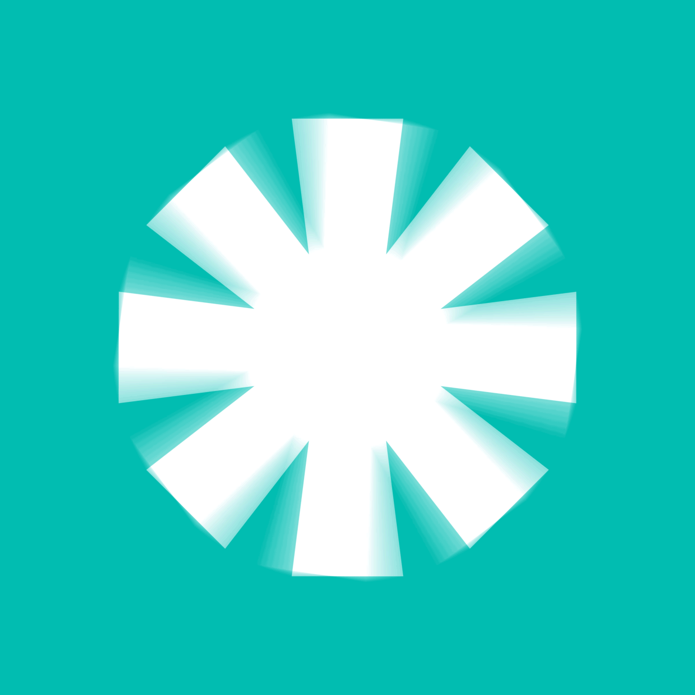 Un astérix circulaire blanc à huit rayons larges rayonne à partir du centre sur un fond turquoise, avec un effet de flou de mouvement sur chaque rayon.