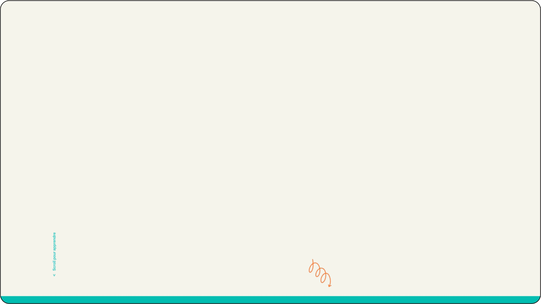 Rectangle blanc cassé en grande partie vierge, avec une fine bordure noire et des coins arrondis. En bas à gauche, un petit texte turquoise court verticalement ; une bande turquoise court le long du bord inférieur. Un gribouillis orange apparaît en bas au centre.