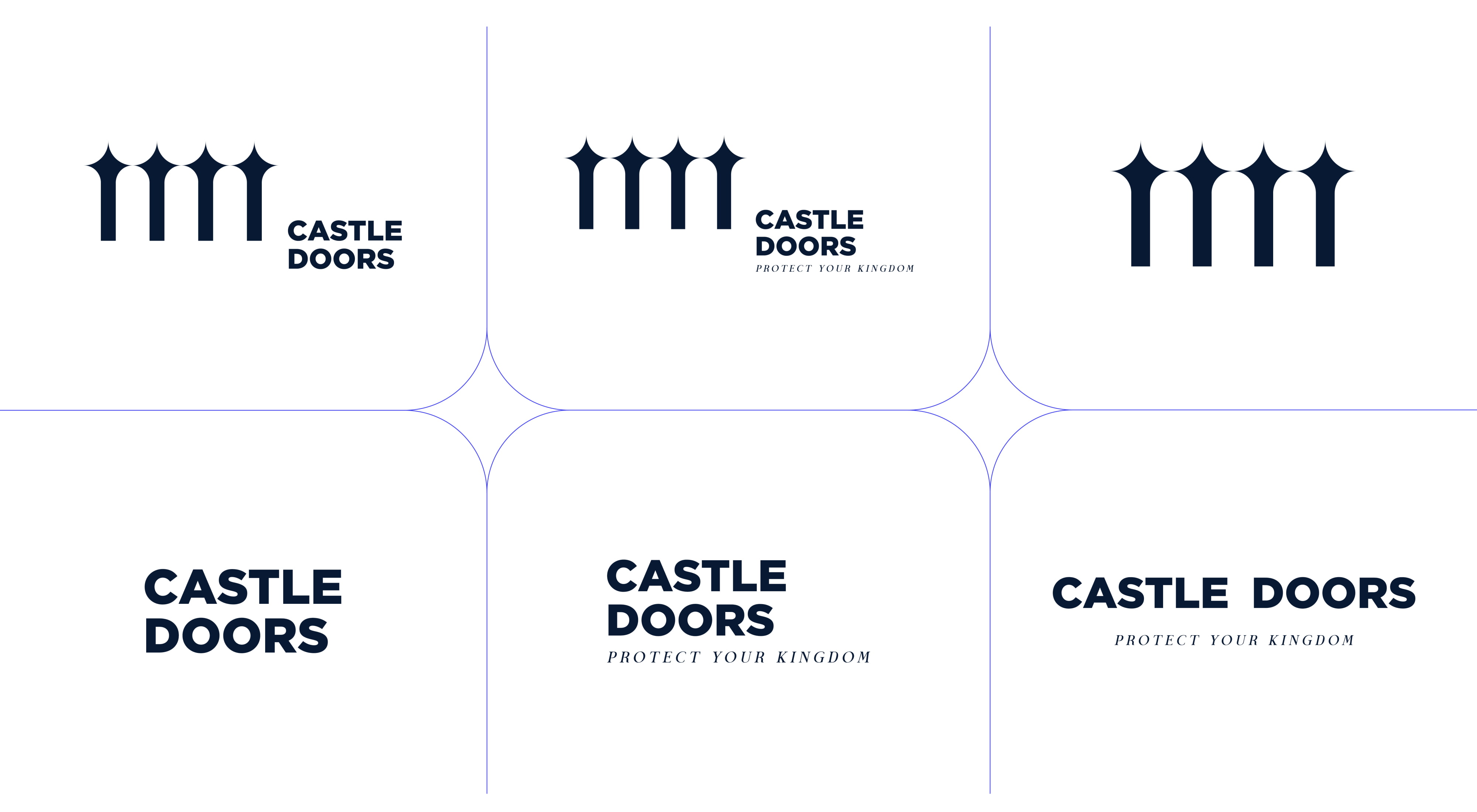 Une collection de six logos minimalistes Castle Doors, chacun présentant des barres verticales stylisées ressemblant à des portes de château au-dessus du texte Castle Doors avec le titre d'appel Protect Your Kingdom sur certaines versions.