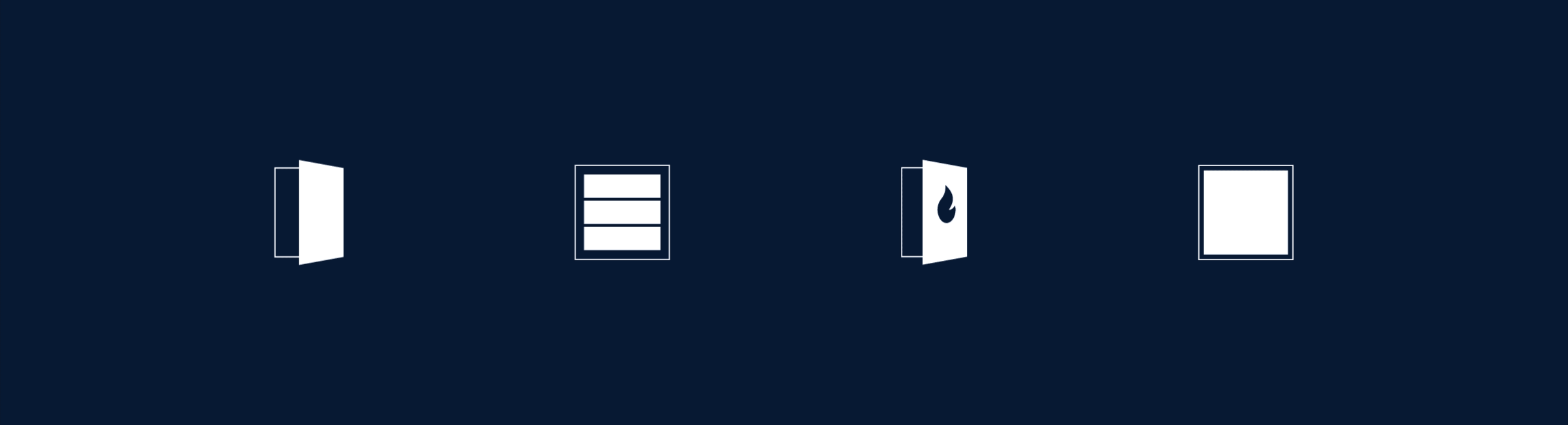 Quatre icônes de portes blanches simples sur fond bleu foncé, chacune avec un design différent : une porte ouverte, une porte avec trois panneaux, une porte avec un symbole de flamme et une porte fermée.