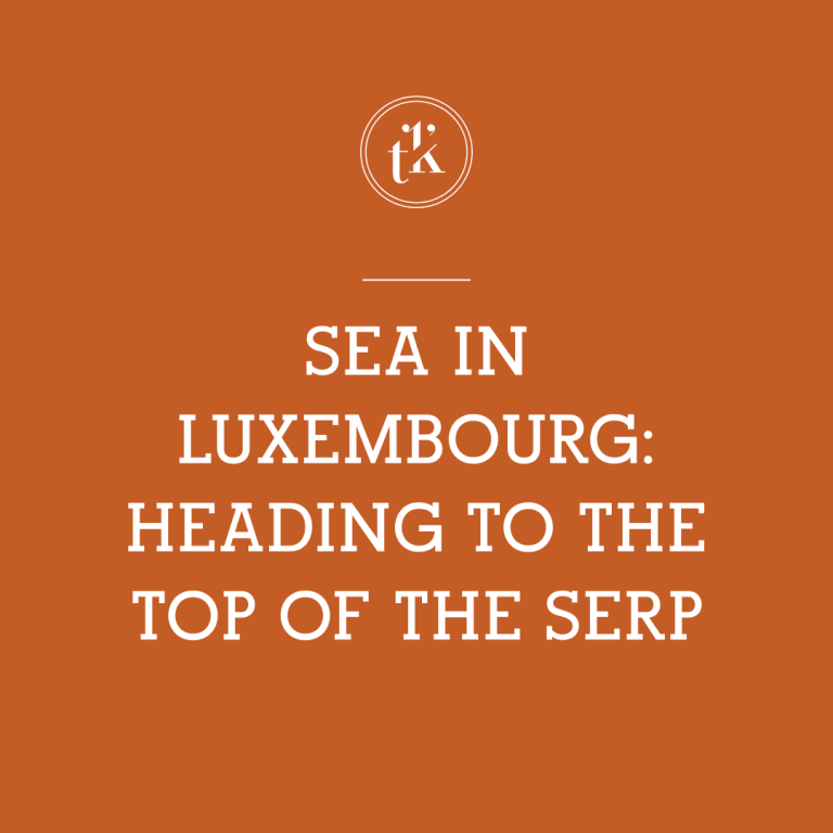White text on an orange background reads: SEA in Luxembourg: Heading to the top of the SERP with a small white circular logo above the text.