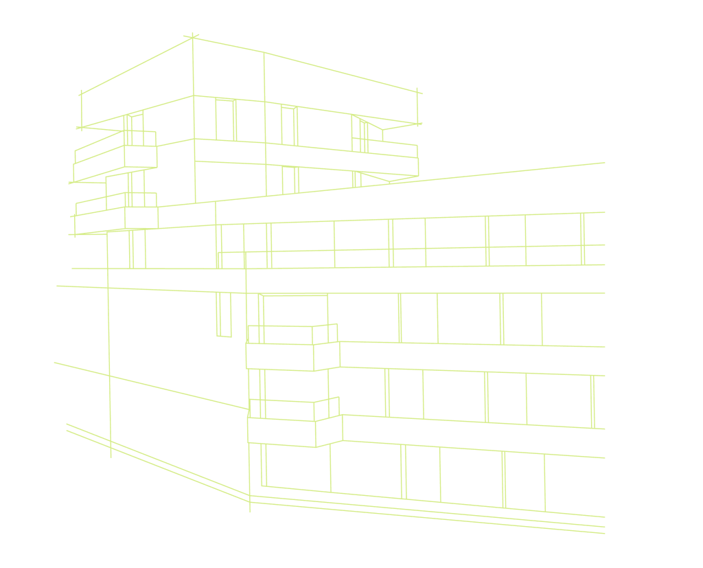 Dessin au trait minimaliste en jaune clair montrant les contours d'un bâtiment moderne de plusieurs étages avec diverses sections rectangulaires et des formes géométriques qui se chevauchent.