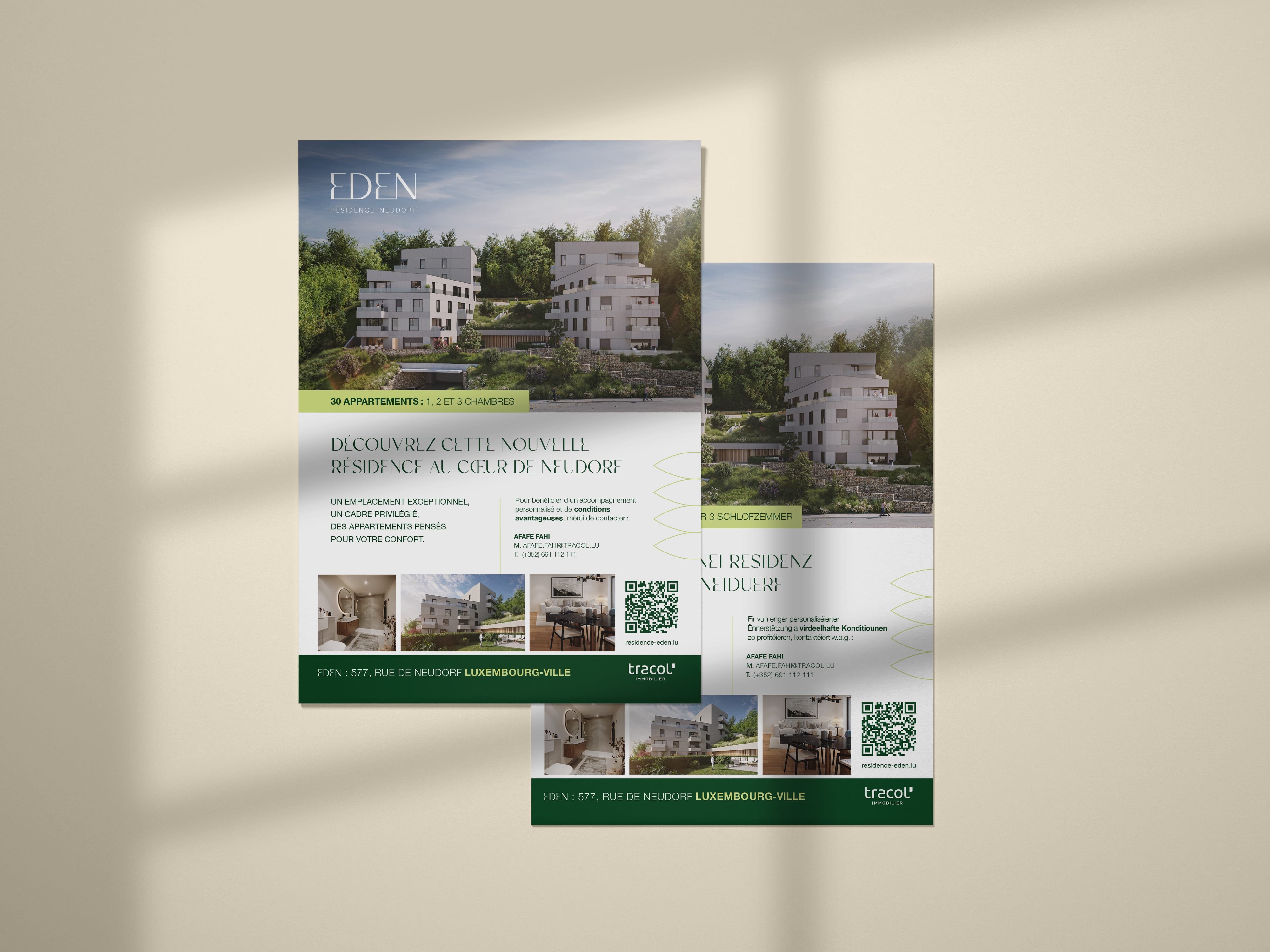 Deux dépliants immobiliers pour EDEN présentent des immeubles modernes entourés de verdure, avec un texte en français annonçant de nouvelles résidences à Luxembourg-Ville. Les prospectus comportent des images, des détails et une barre d'accentuation verte en bas de page.