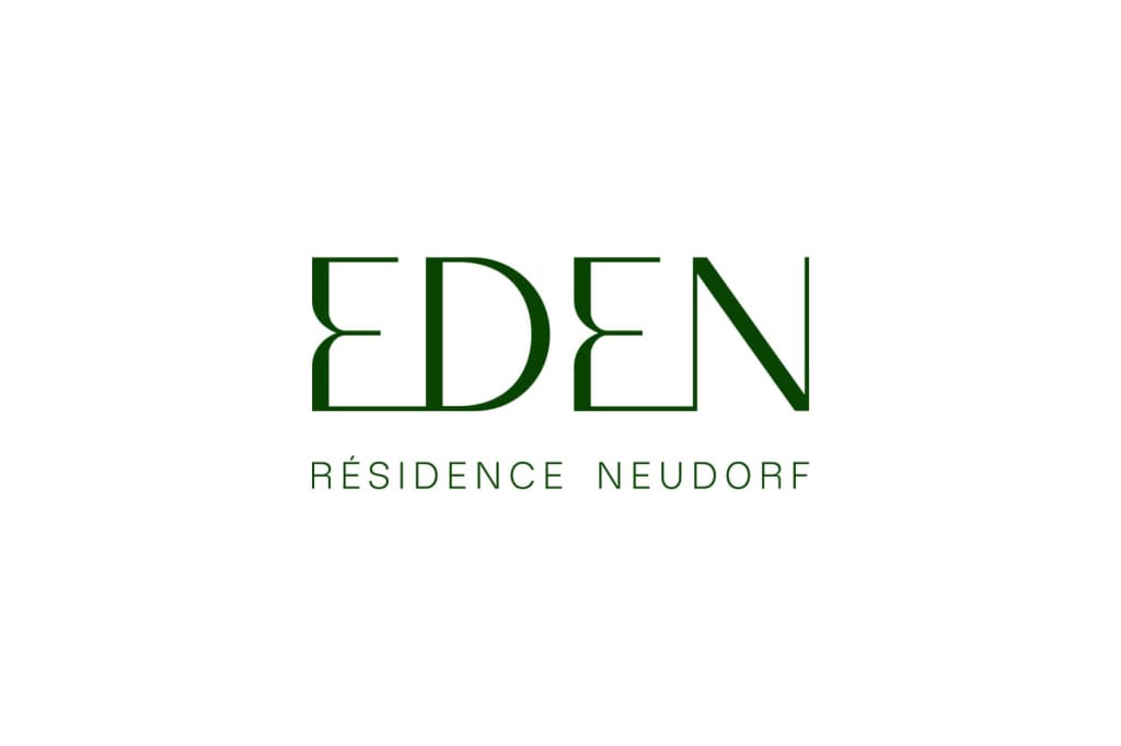 Logo avec le mot EDEN en gros caractères verts modernes et RÉSIDENCE NEUDORF en lettres vertes majuscules plus petites en dessous, sur un fond blanc uni.
