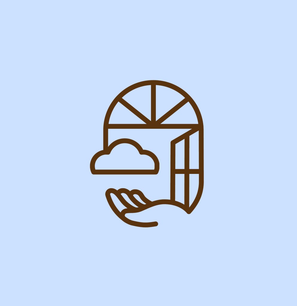 Dessin minimaliste au trait marron d'une fenêtre ouverte avec un nuage à l'extérieur, et une main en dessous comme si elle tenait doucement le nuage, sur un fond bleu clair.