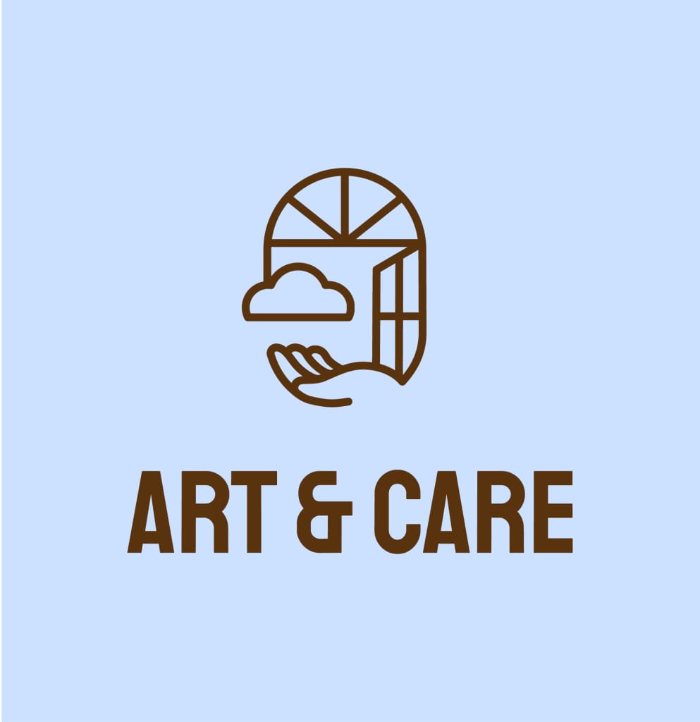 Logo représentant une fenêtre, une main et un nuage stylisés au-dessus des mots ART & CARE en caractères bruns gras sur fond bleu clair.