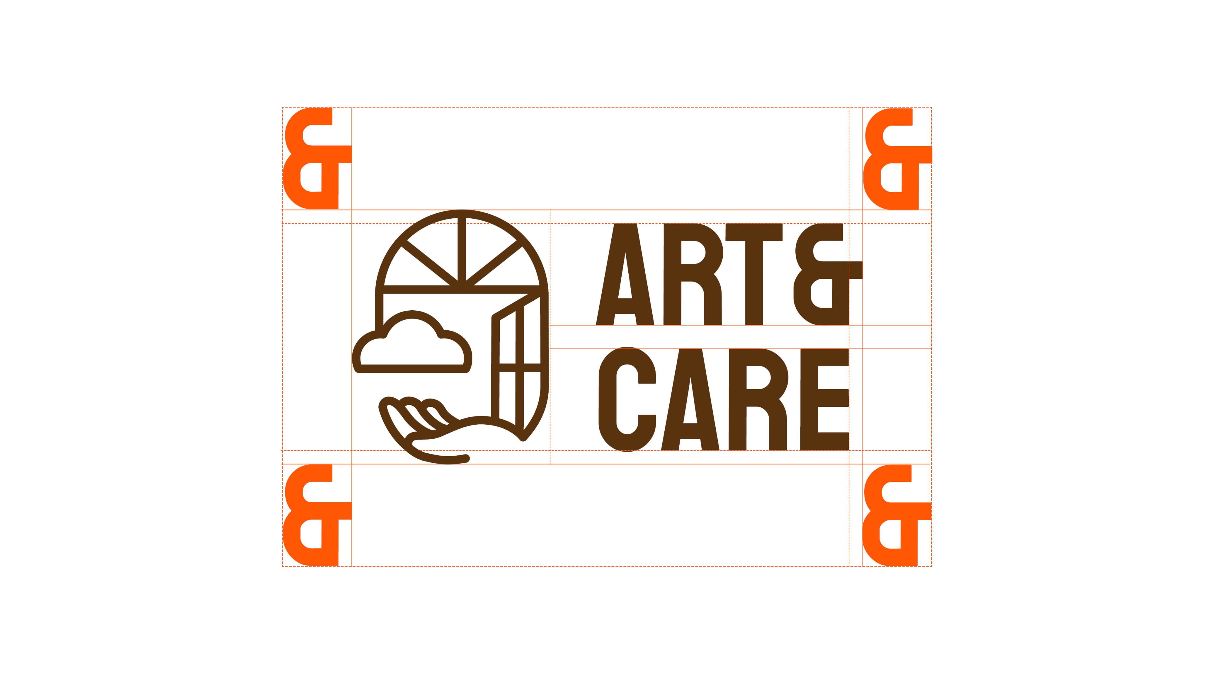 Le logo d'Art & Care représente une main tenant une fenêtre avec un nuage, accompagné d'un texte en gras. Des guides de mesure orange et des symboles F en miroir encadrent le dessin.