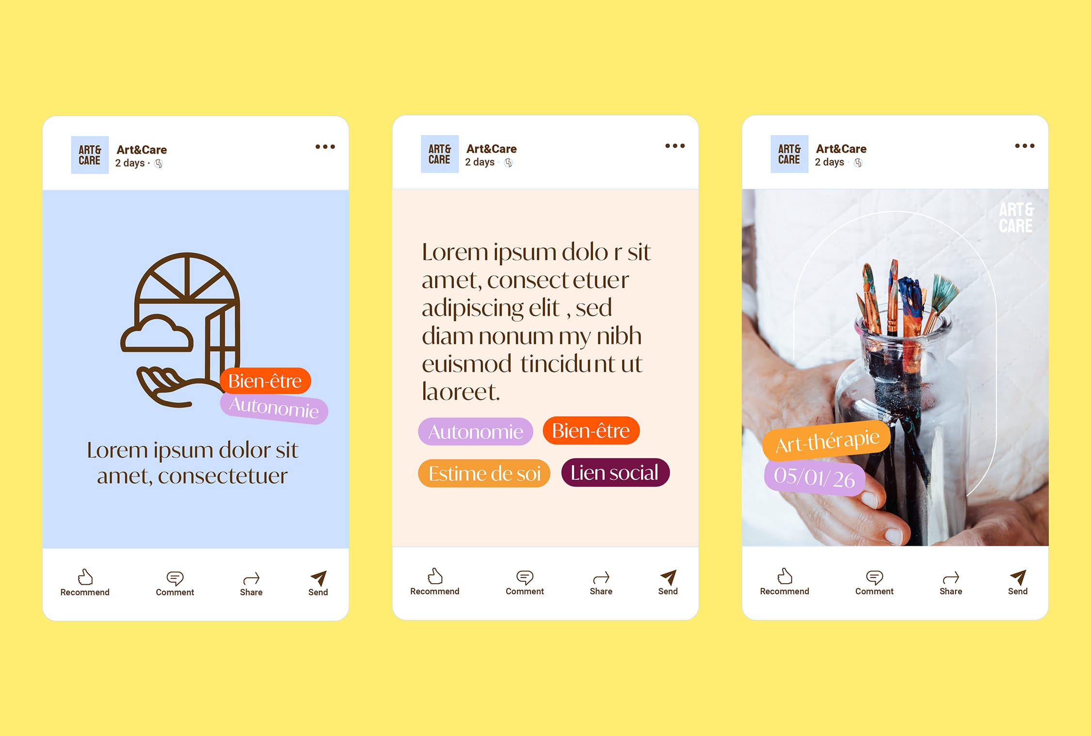 Trois maquettes colorées pour Arts&Care, chacune avec des icônes illustrées, du texte en français et des tags colorés tels que "Bien-être", "Autonomie" et "Art-thérapie", sur un fond jaune.