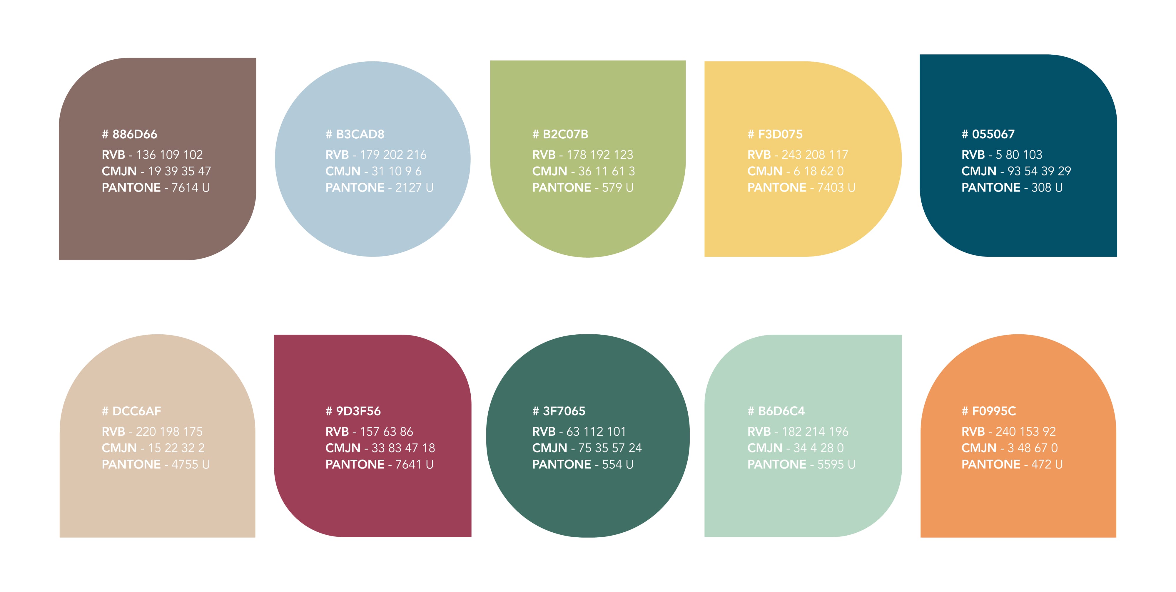 Une palette de couleurs avec dix échantillons carrés arrondis, chacun étiqueté avec le code hexagonal, RGB, CMJN et les valeurs Pantone. Les échantillons présentent une variété de tons pastel et de tons de terre atténués dans des nuances de brun, de bleu, de vert, de jaune et de rouge.