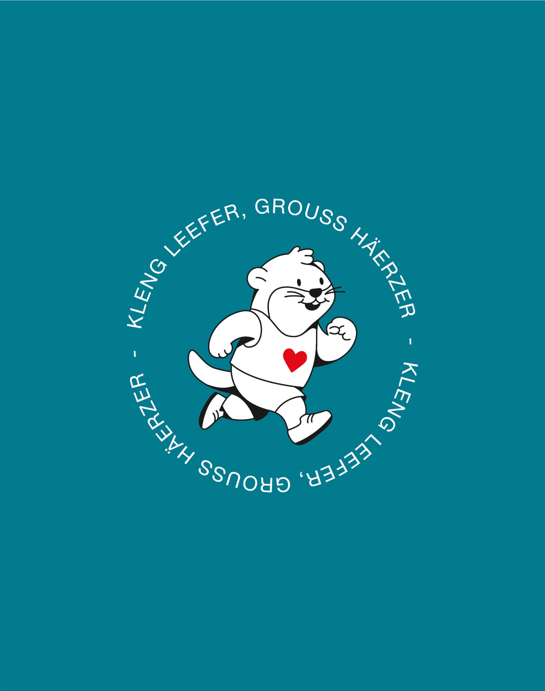 Badge circulaire sur fond bleu canard : la mascotte loutre court entourée de la devise Kleng Leefer, Grouss Häerzer en typographie blanche.