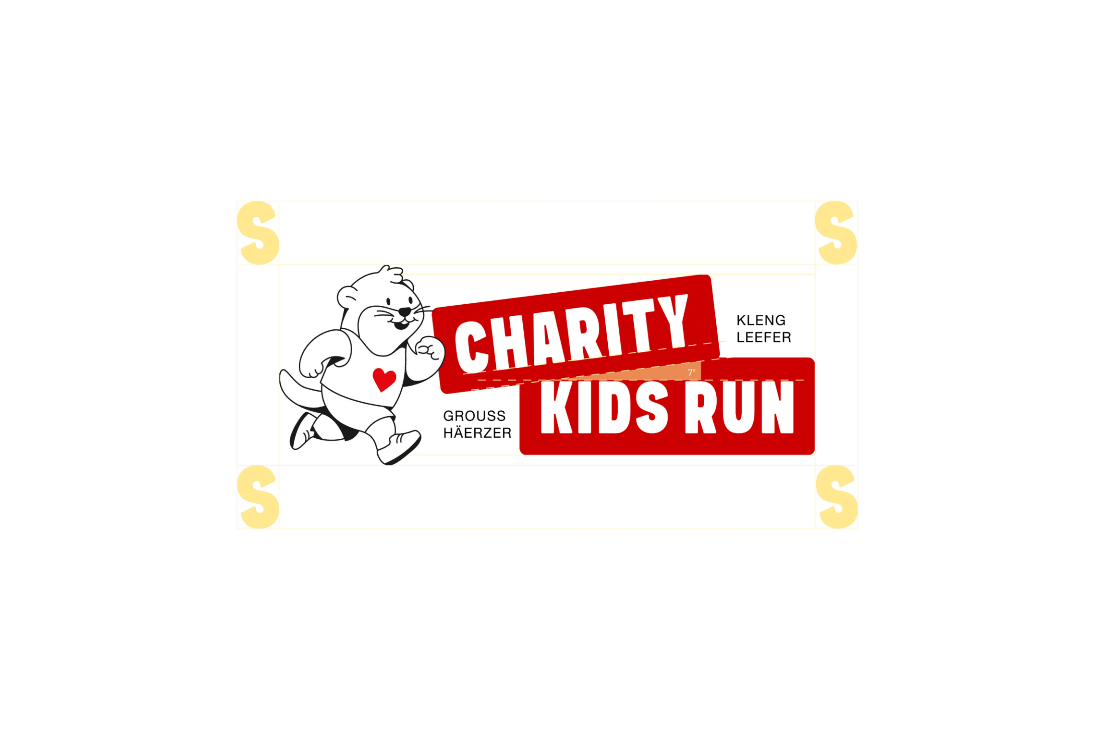 Construction du logo Charity Kids Run : la mascotte loutre courant à côté de deux cartouches rouges inclinés, avec les mentions Kleng Leefer et Grouss Häerzer et les marges de protection.