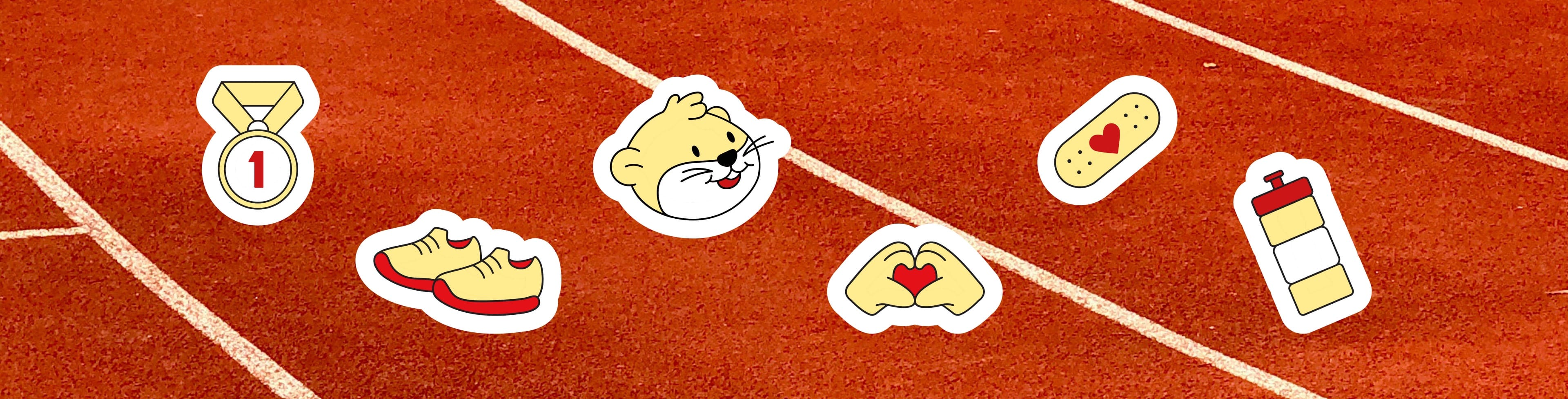 Piste d'athlétisme rouge vue de haut, parsemée de grands stickers illustrés Charity Kids Run : médaille, baskets, mascotte loutre, mains formant un cœur, pansement et gourde.