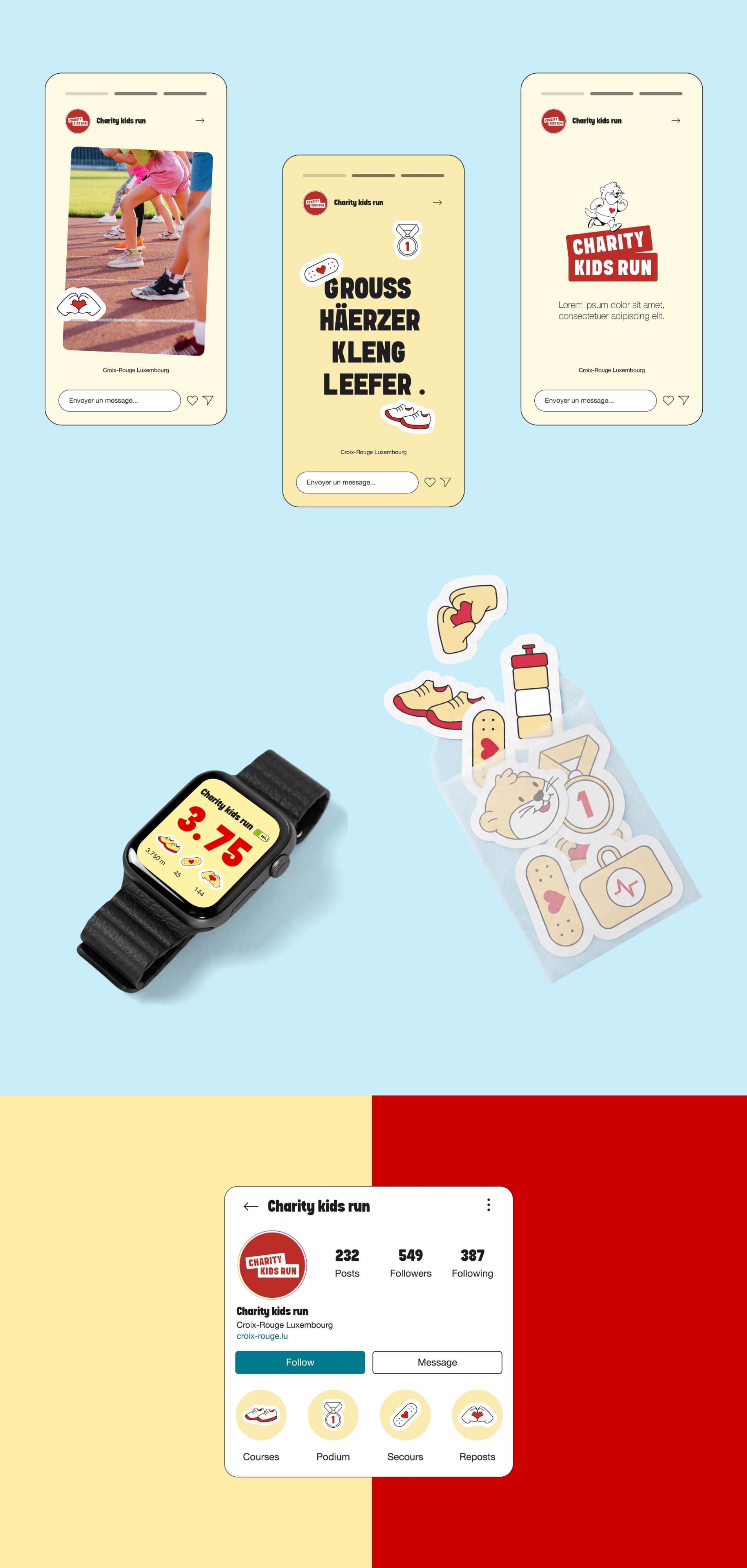Déclinaisons digitales Charity Kids Run : stories Instagram sur trois téléphones, montre connectée affichant la distance parcourue, pochette de stickers et profil Instagram de l'événement.