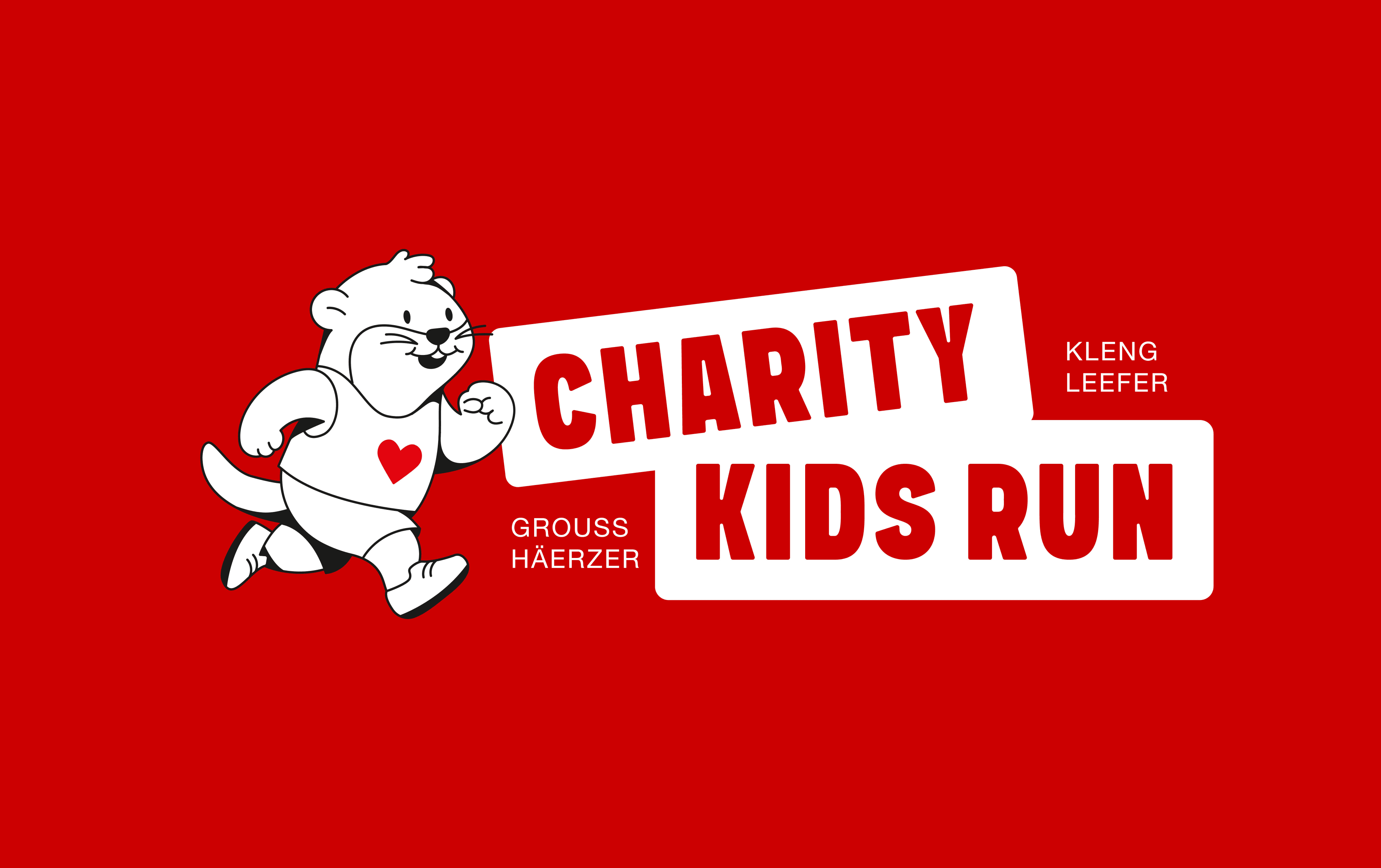 Version négative du logo Charity Kids Run sur fond rouge : mascotte loutre blanche et cartouches blancs avec lettrage rouge.