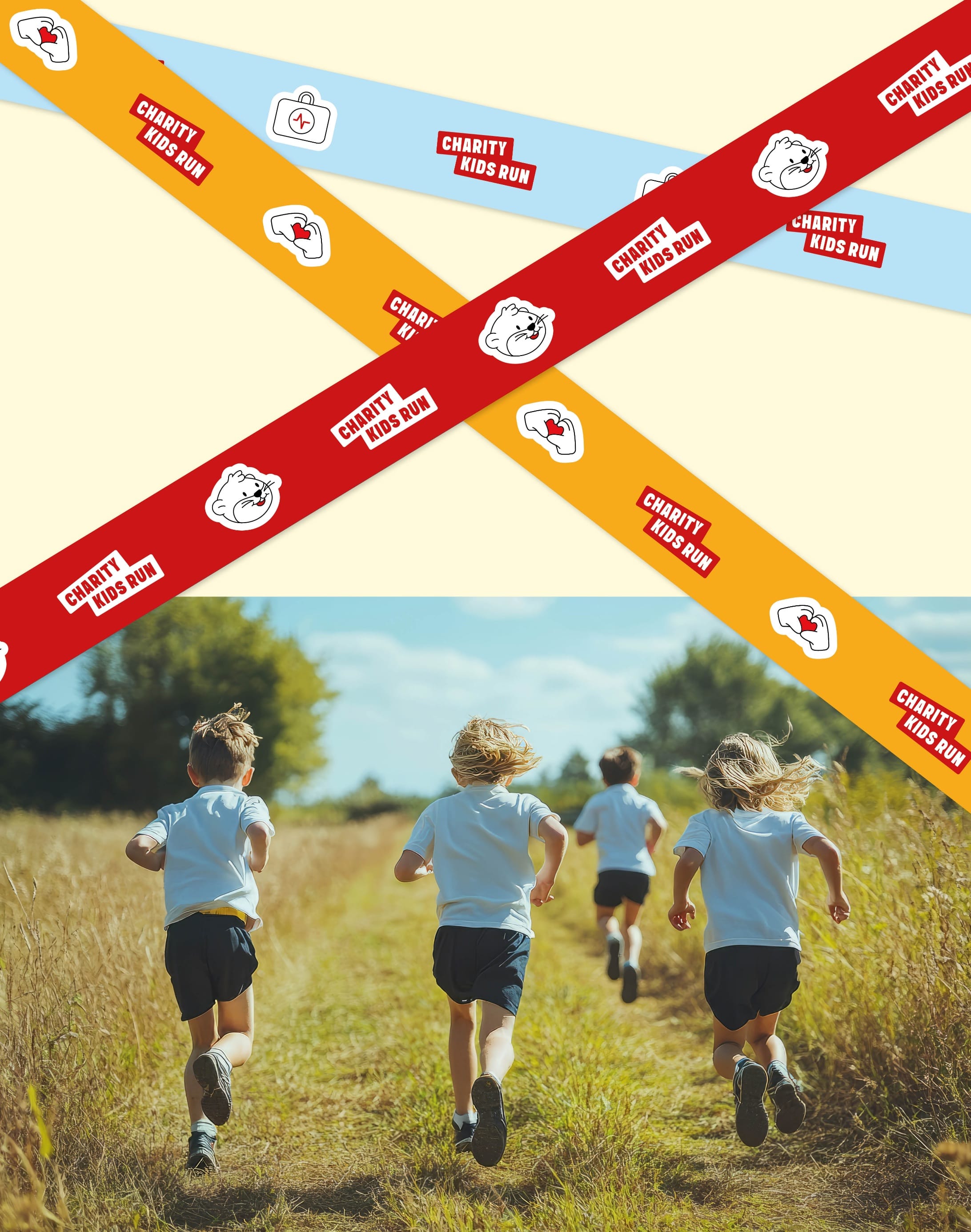 Rubans rouge, orange et bleu clair siglés Charity Kids Run entrecroisés au-dessus d'une photo de quatre enfants courant dans un champ en été.