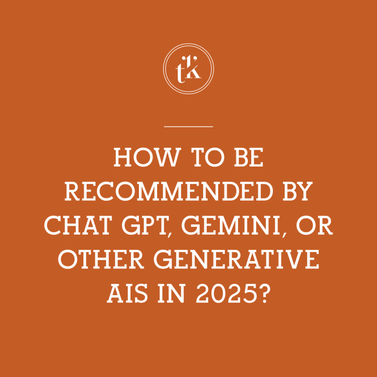 Text on an orange background reads: How to be recommended by Chat GPT, Gemini, or other generative AIs in 2025? with a small circular logo above the text.